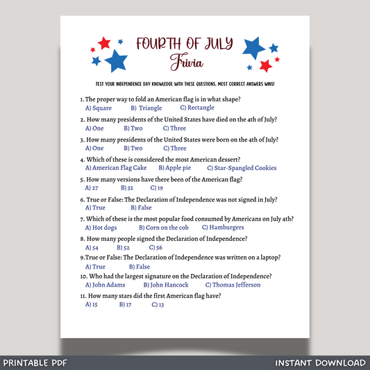 July 4th Trivia Game Printable, Family Activity Adults & Kids