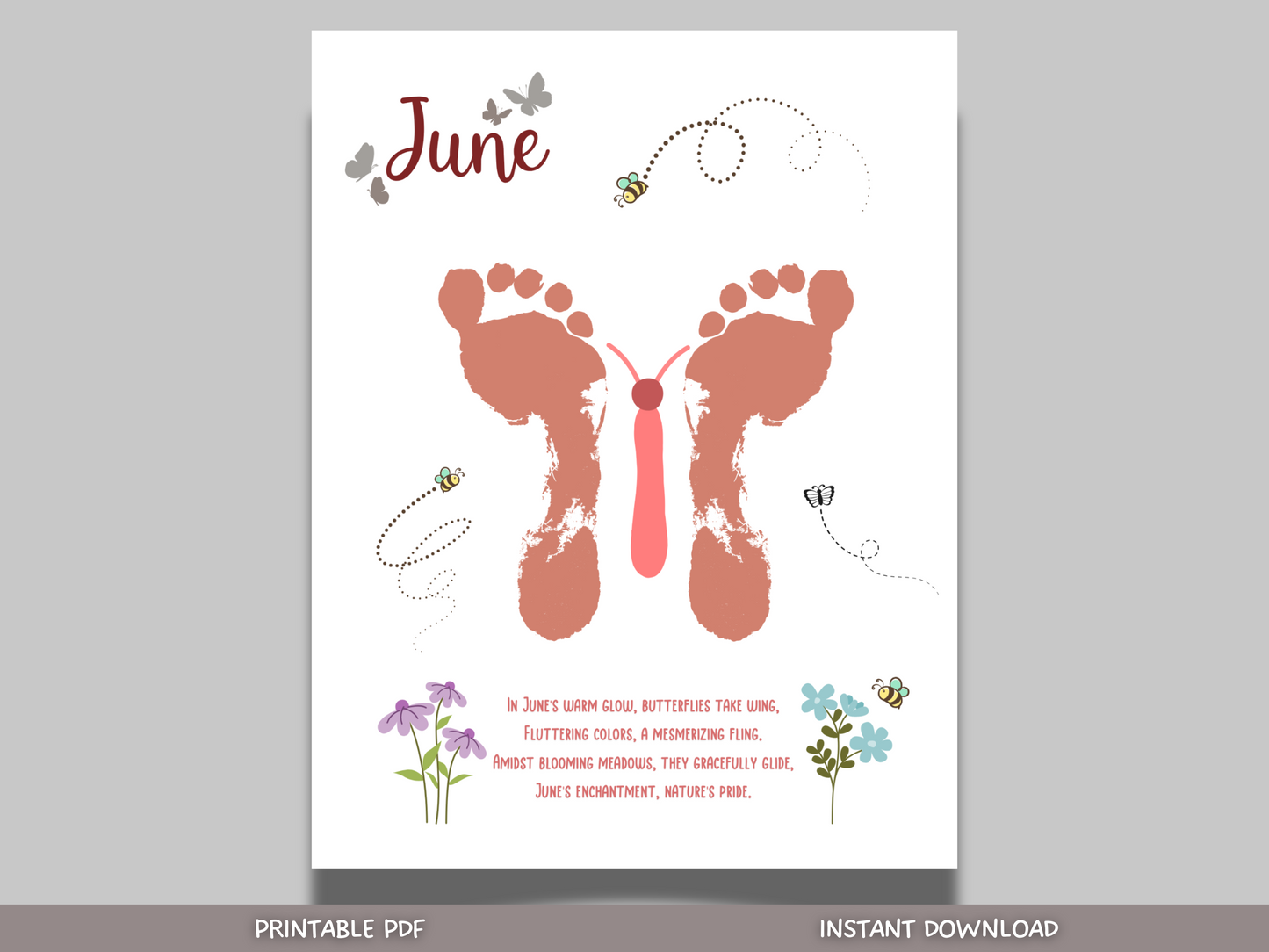 June Handprint Footprint Crafts Printable, DIY Art Kids Preschool Activity, DIY Summer Monthly Keepsakes for Baby Toddler PreK Kindergarten