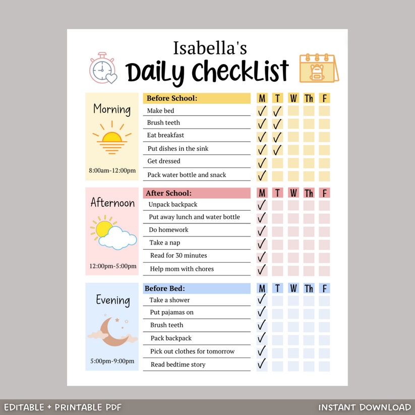 Kids Daily School Checklist Schedule Printable, Editable Chore Chart ...