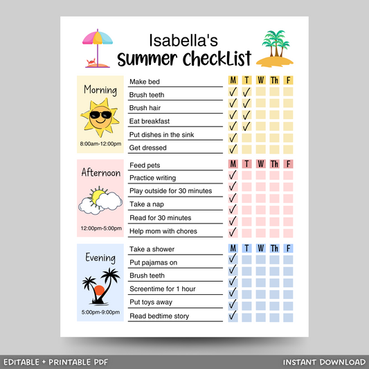 Kids Summer Daily Checklist Schedule Printable, Editable Chore Chart