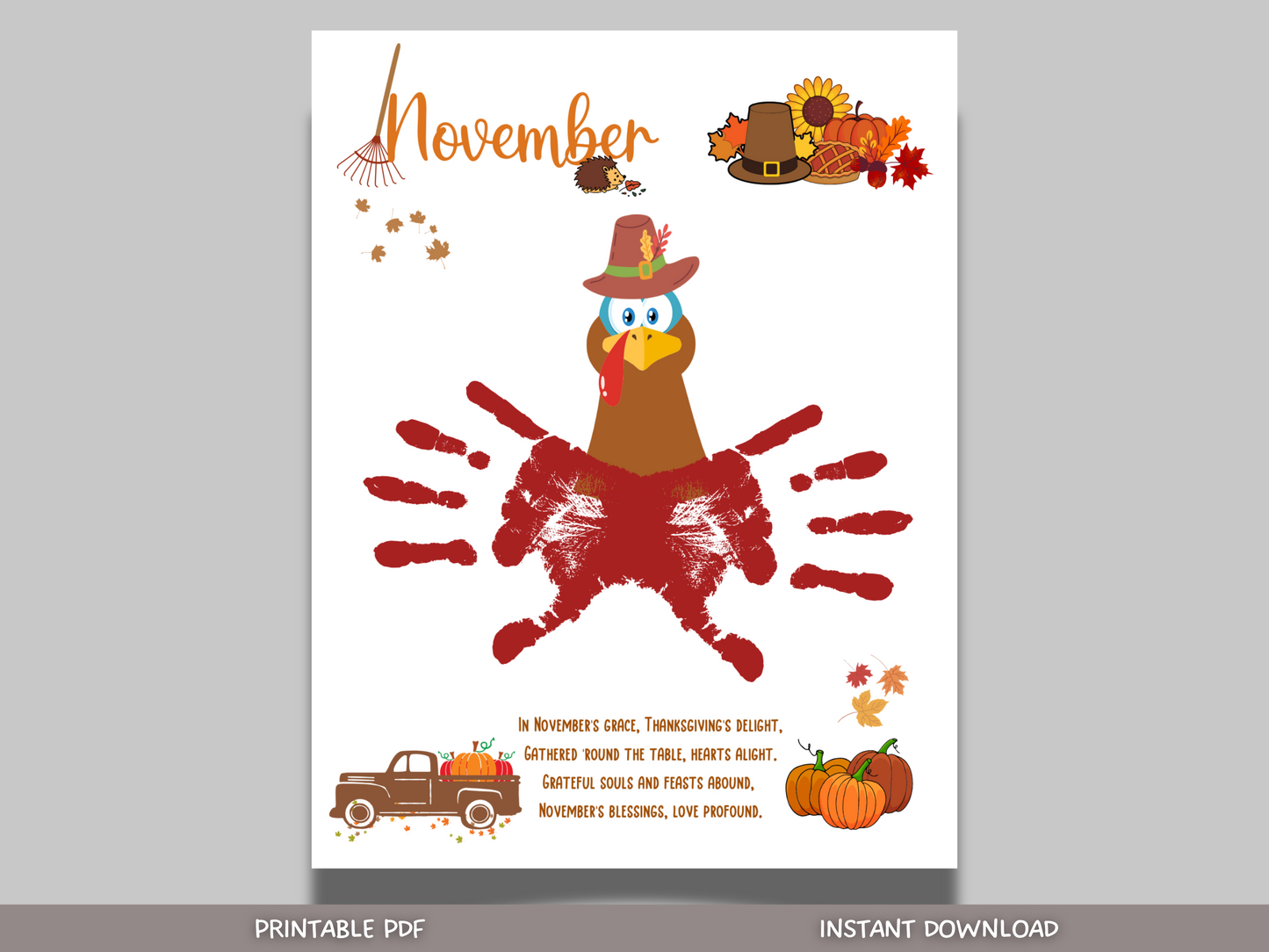 November Handprint Footprint Crafts Printable, DIY Art Kids Preschool Activity, Thanksgiving Monthly Keepsake Baby Toddler PreK Kindergarten