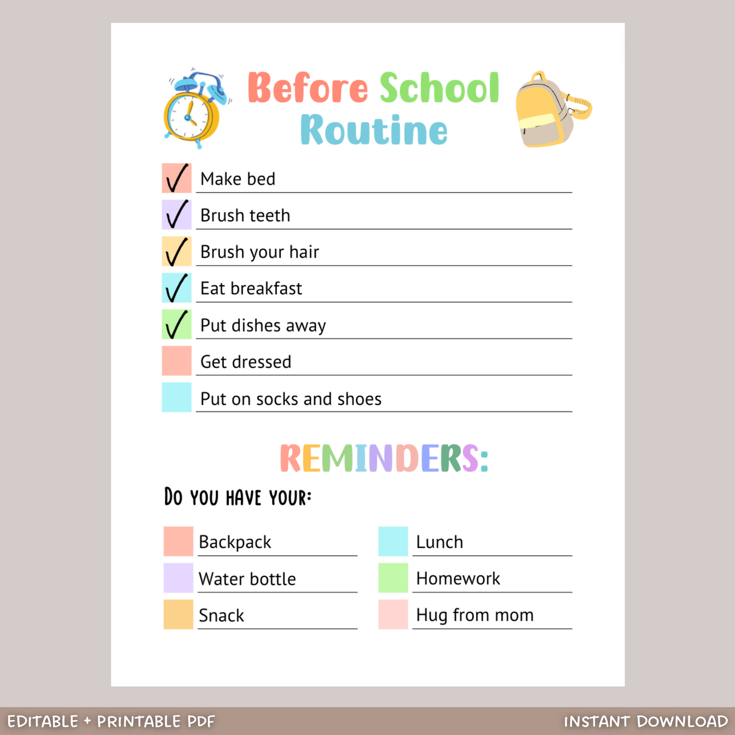 Printable Before School Checklist, Editable Morning Reminders for Kids