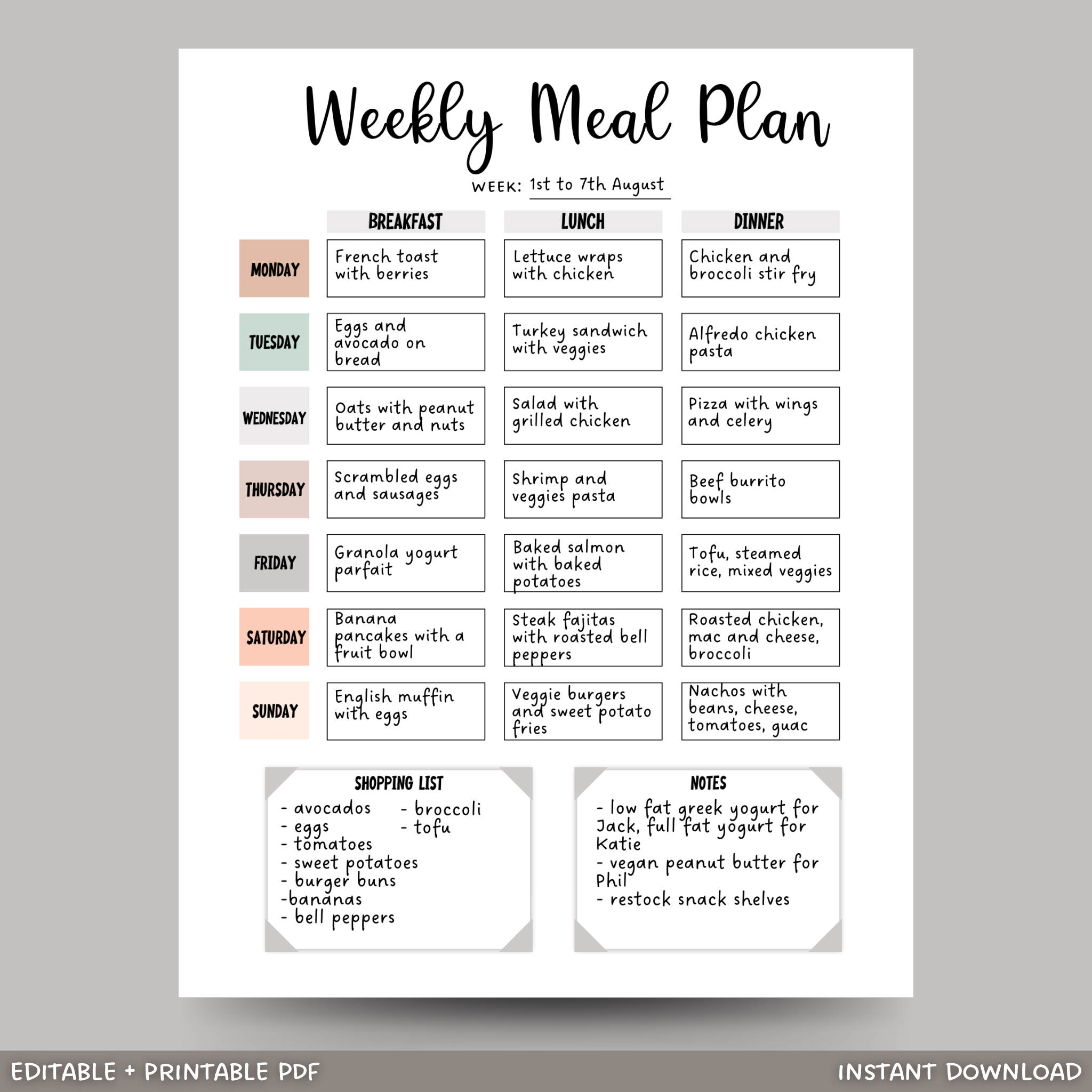 Printable Weekly Meal Planner, Editable Family Menu Digital Planner ...