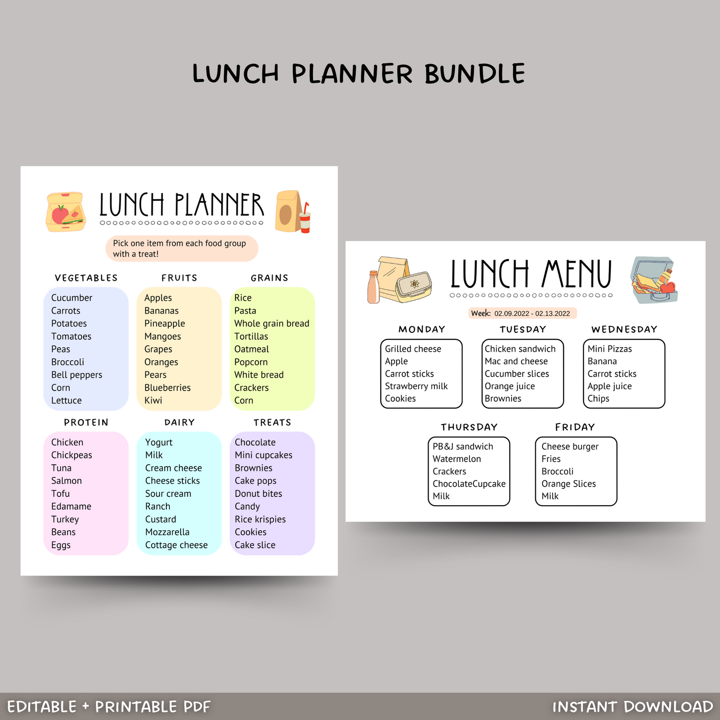 School Lunch Meal Planner Printable, Editable Lunch Menu Kids