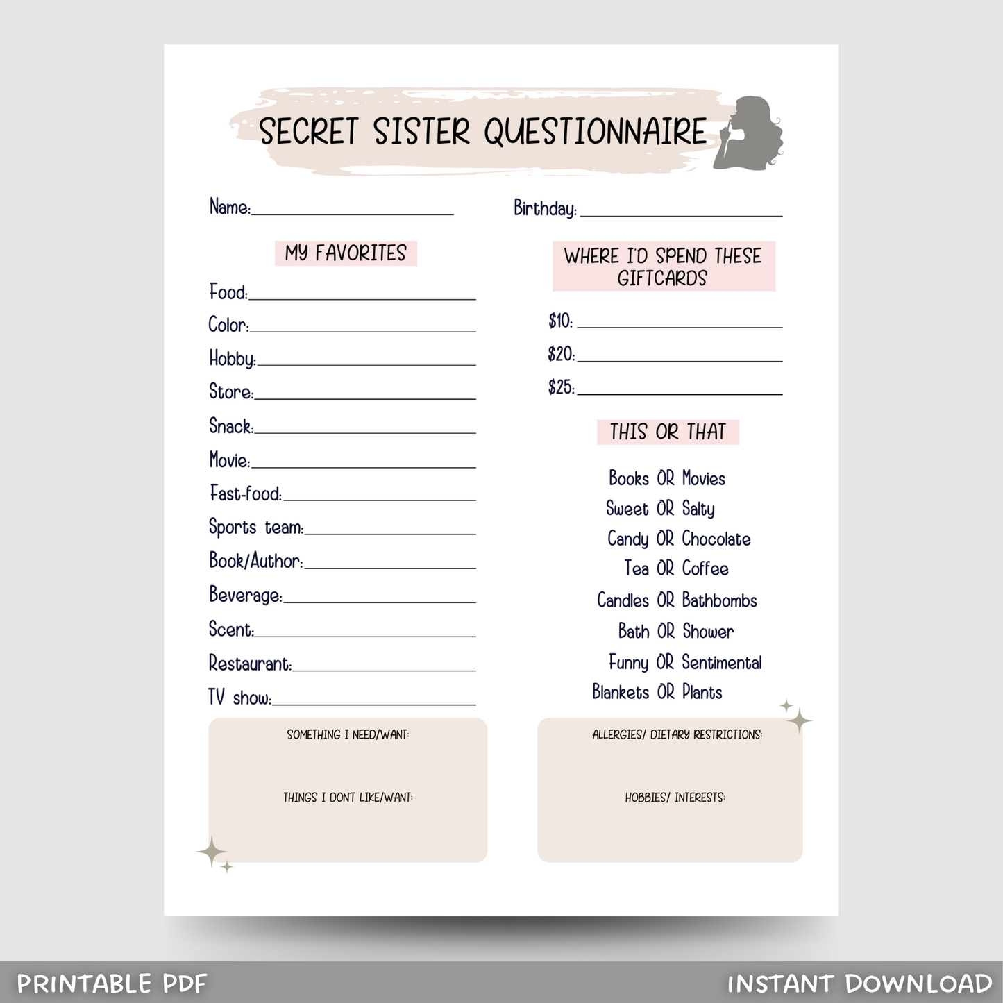 Secret Sister Questionnaire Printable, All About Me Survey