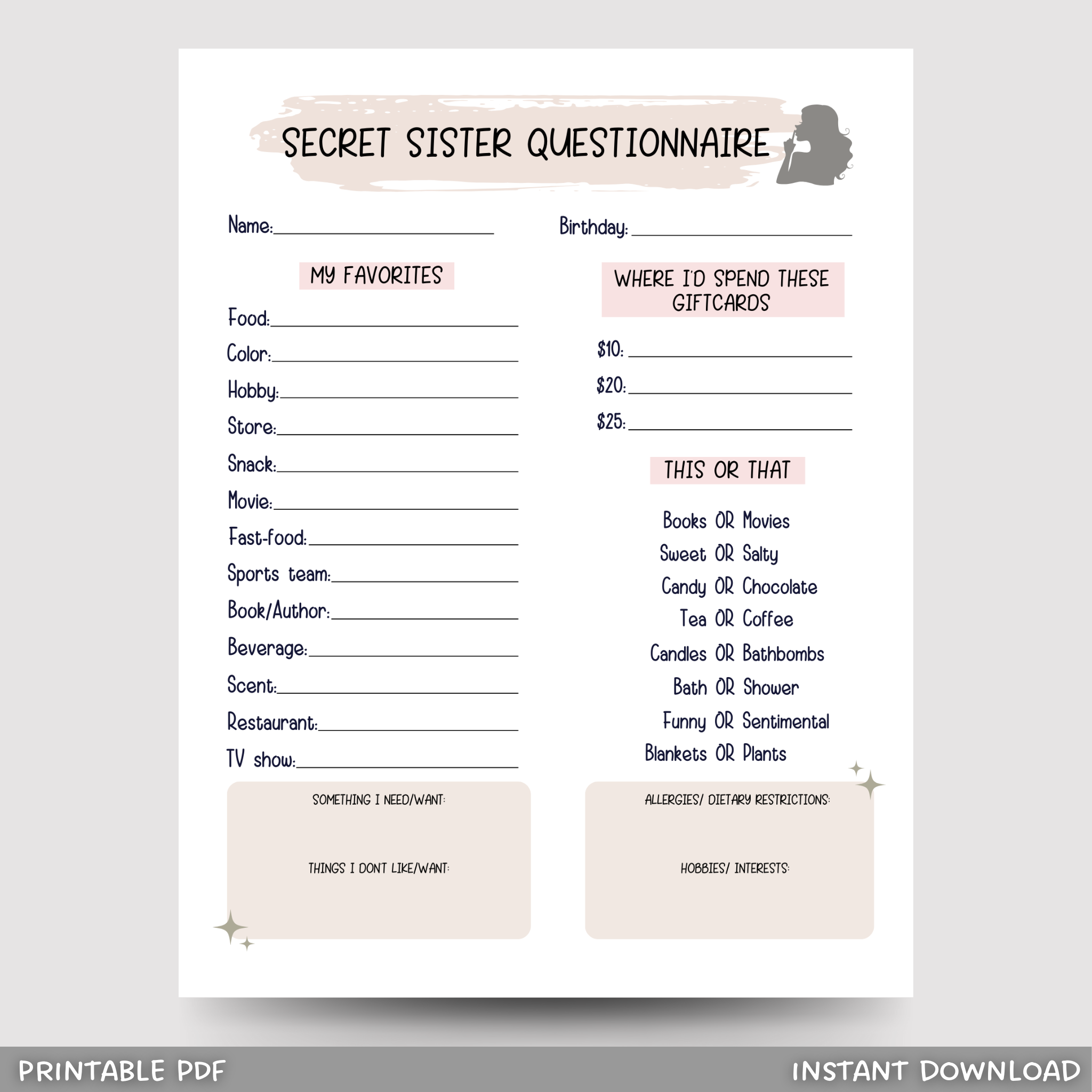 secret sister questionnaire printable, all about me survey