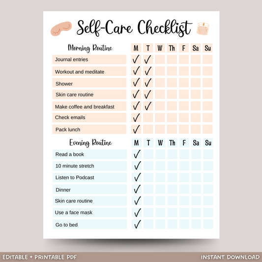 Self Care Checklist Printable Digital Planner, Daily Wellness Planner
