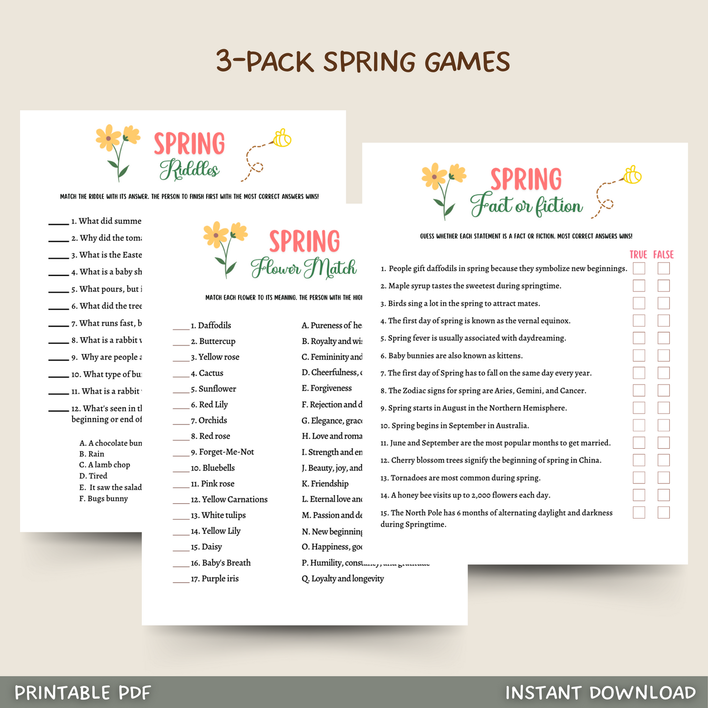 Spring Riddles Game Printable, Fact or Fiction Trivia Party Game