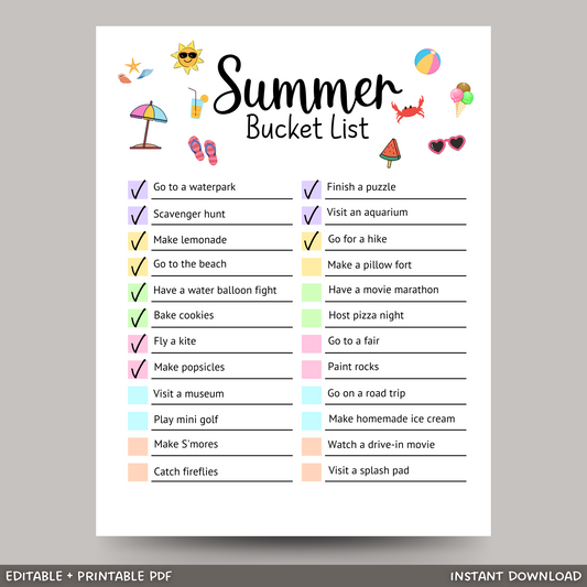Summer Bucket List Printable, Editable Activities For Kids