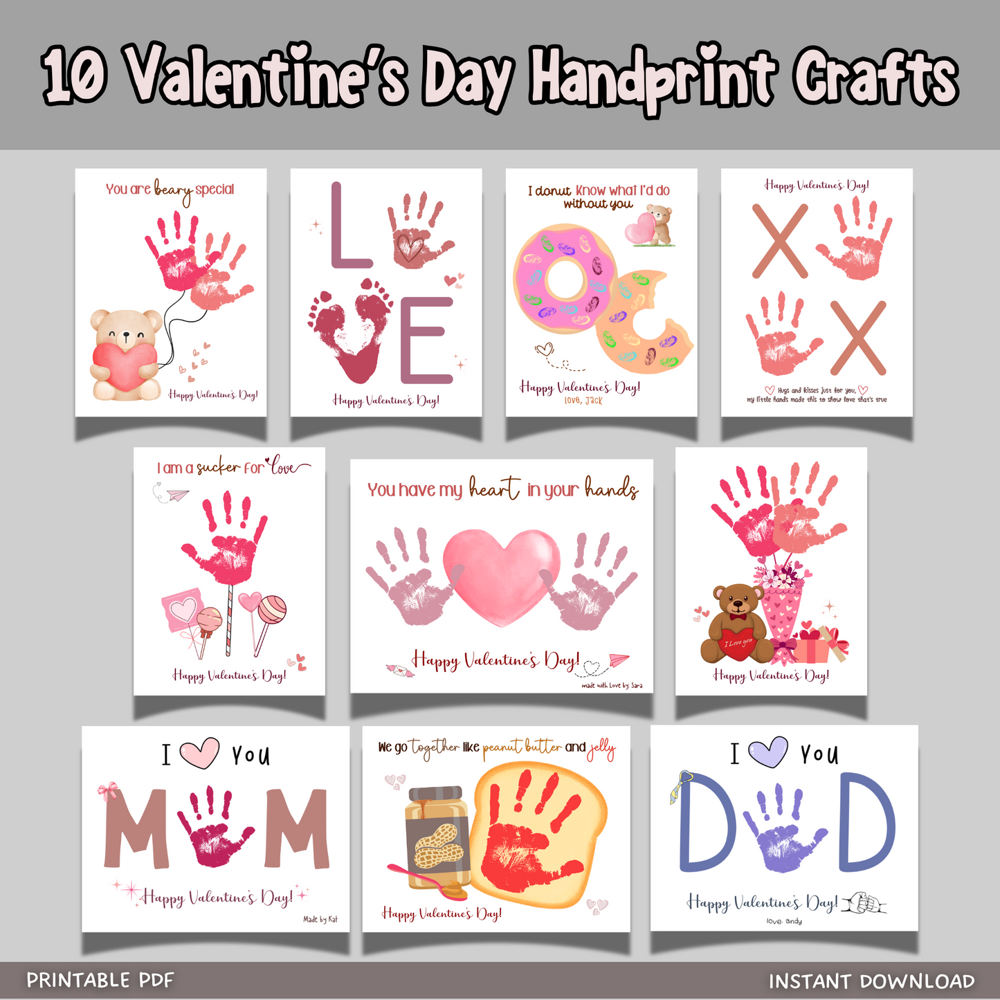 Valentines Day Handprint Holiday Crafts Printable, DIY Art for Kids Baby Toddler Child Nursery Activity