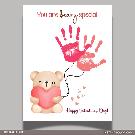 Valentines Day Handprint Holiday Crafts Printable, DIY Bear Art for Kids