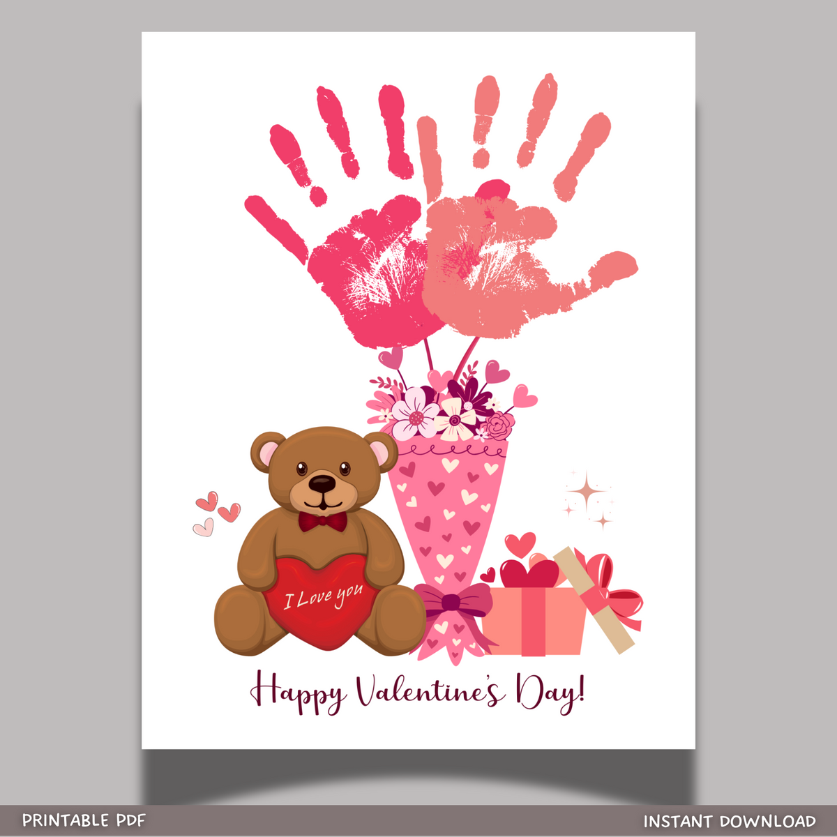 Valentines Day Handprint Holiday Crafts Printable DIY Bouquet Art for ...