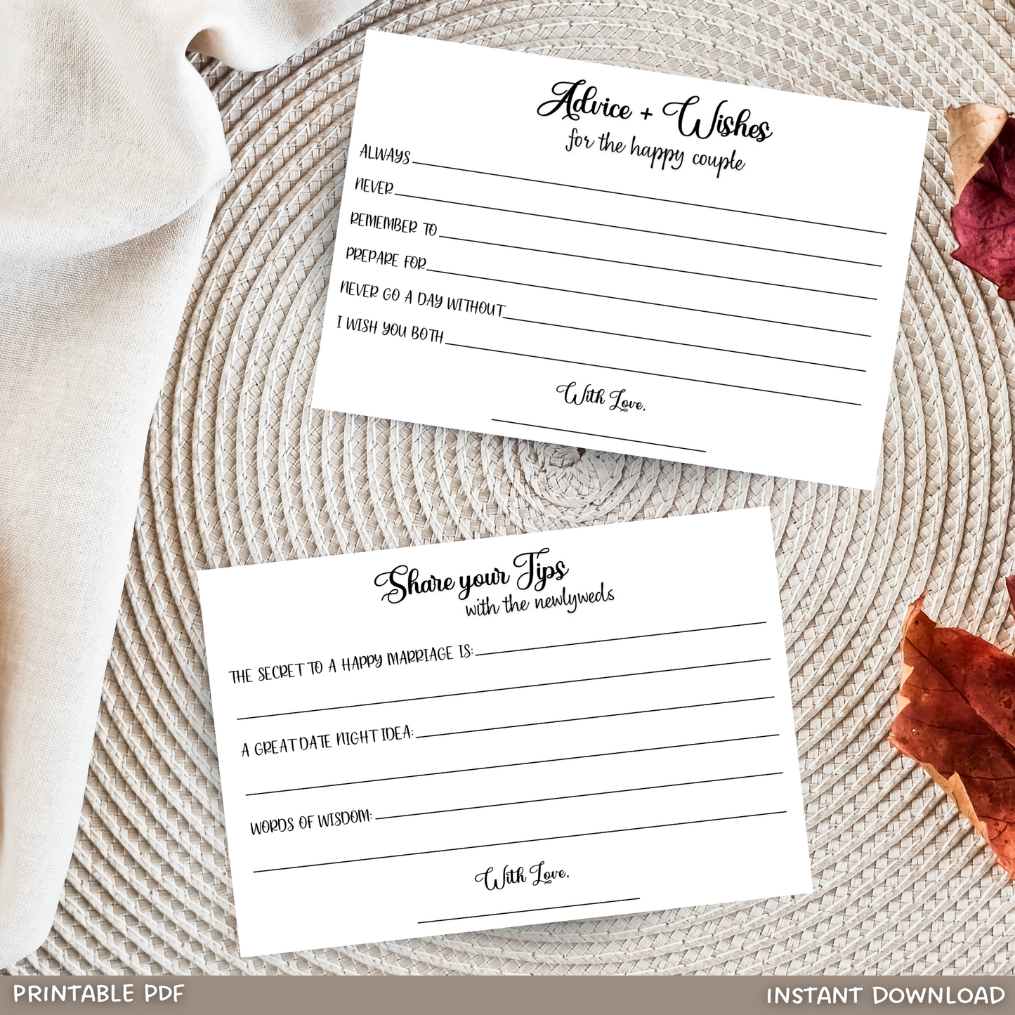 Wedding Advice & Wishes Cards, Printable Bridal Shower Party Ideas