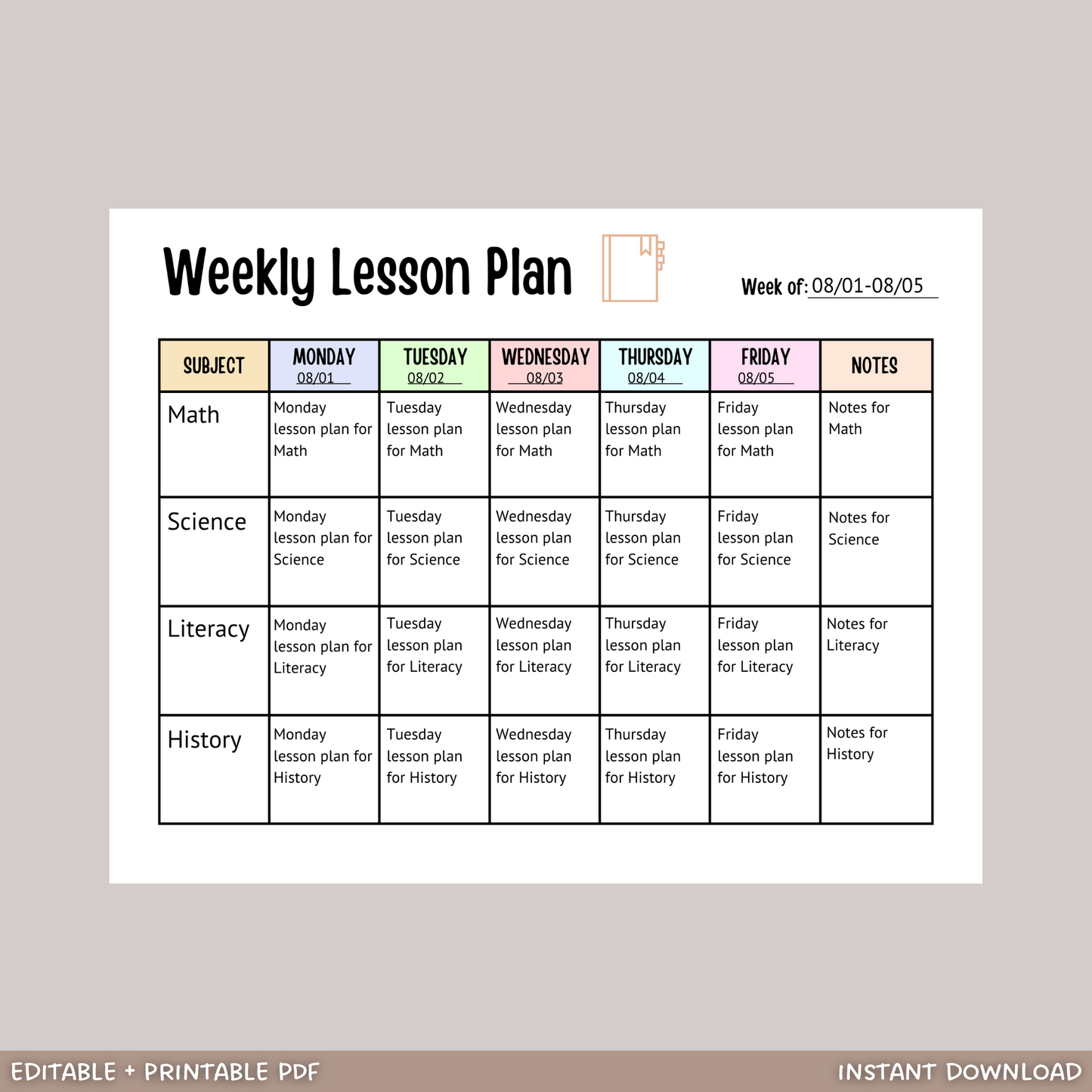 Weekly Lesson Plan Printable, Editable School Planner Schedule