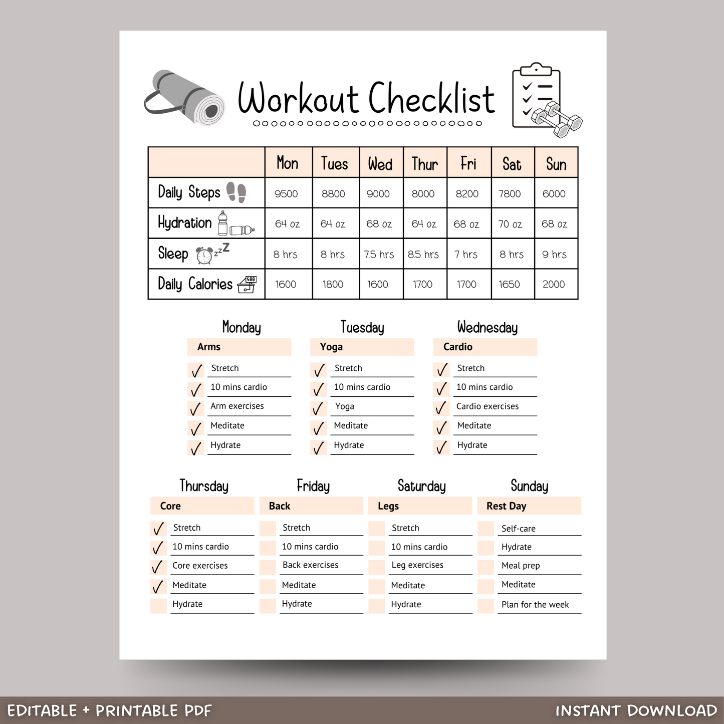 Editable Workout Checklist, Printable Daily Exercise Gym Log Planner