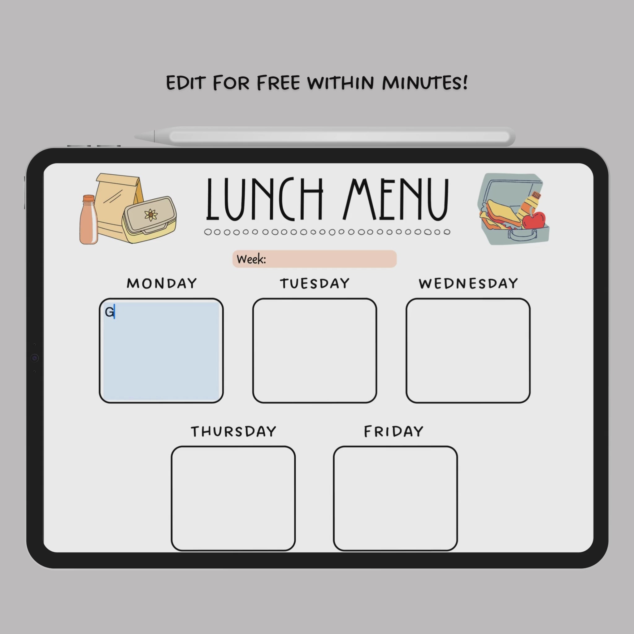 School Lunch Meal Planner Printable, Editable Lunch Menu Kids ...