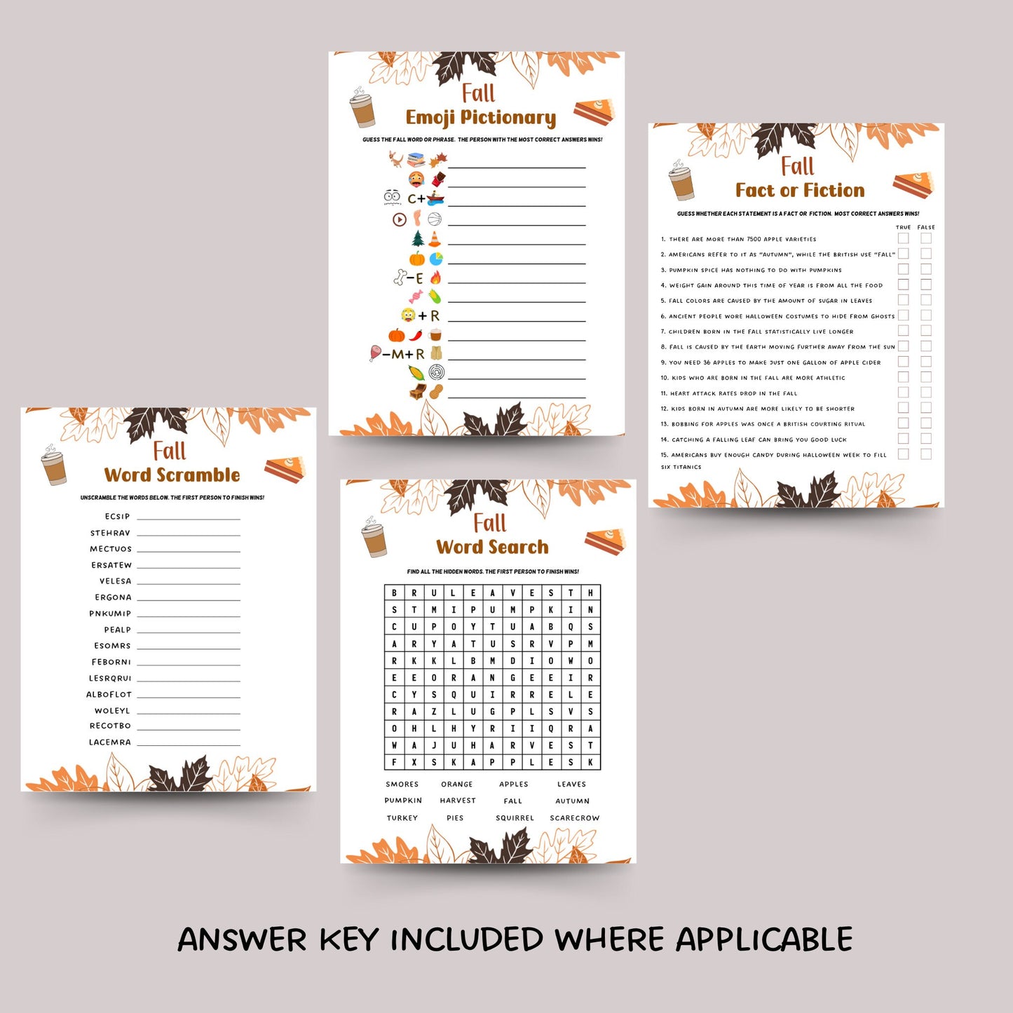 Fall Games Bundle Printable, Fun Autumn Games, Fall Time Family Activities, Fall Activity Adults & Kids, Thanksgiving Halloween Printables