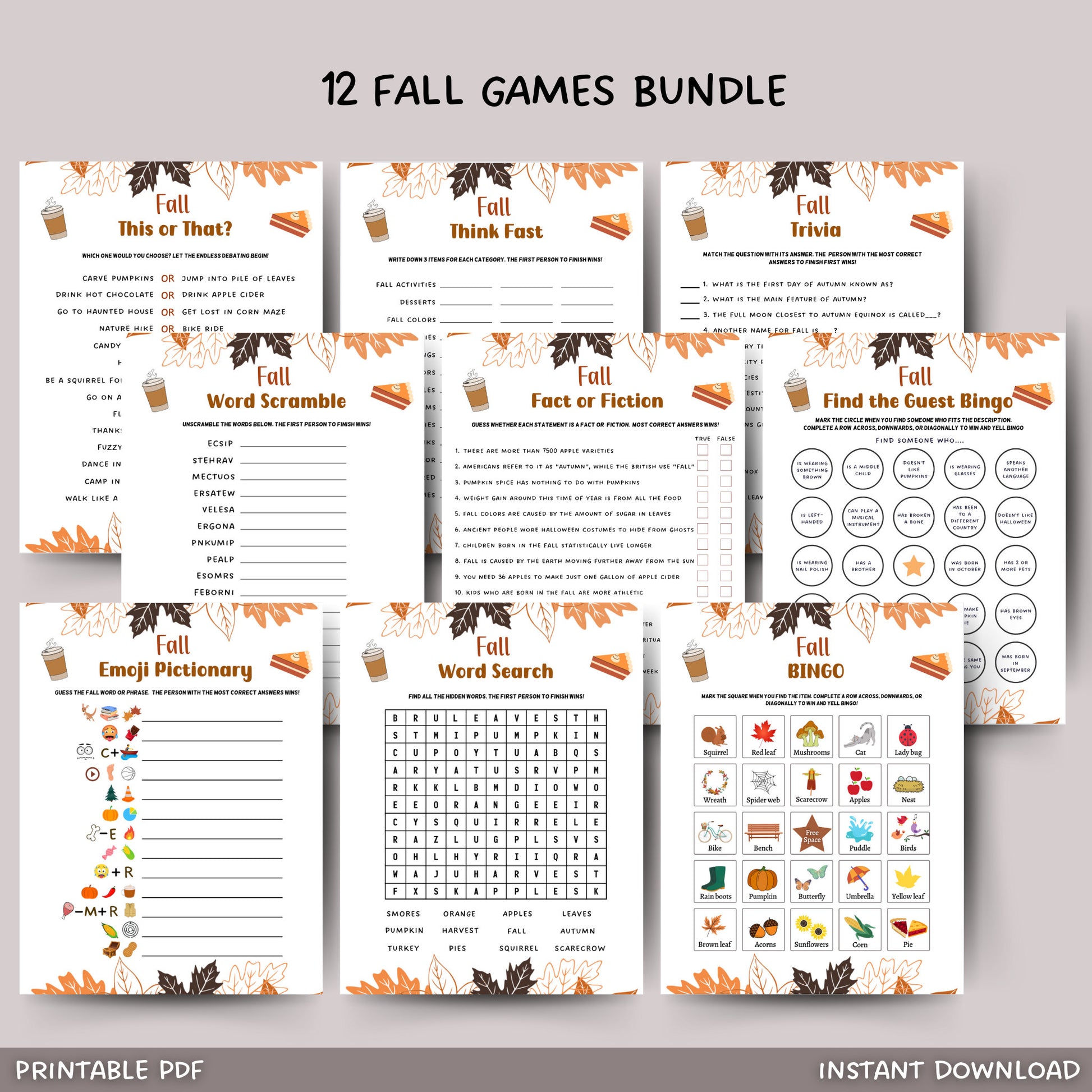 Fall Games Bundle Printable, Fun Autumn Games, Fall Time Family Activities, Fall Activity Adults & Kids, Thanksgiving Halloween Printables