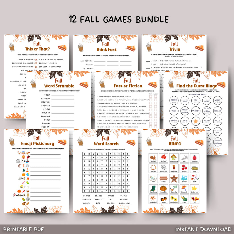 12 Printable Fall Games, Fun Autumn Thanksgiving Activity Adults & Kid ...