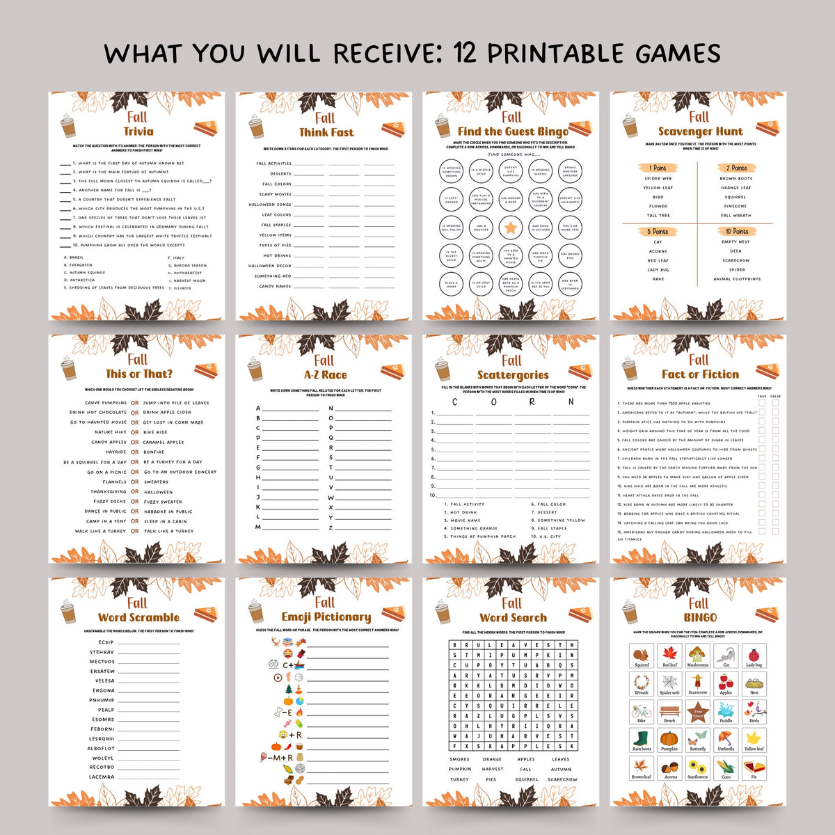 12 Fall Games Bundle Printable, Autumn Family Activity For Adults & Ki