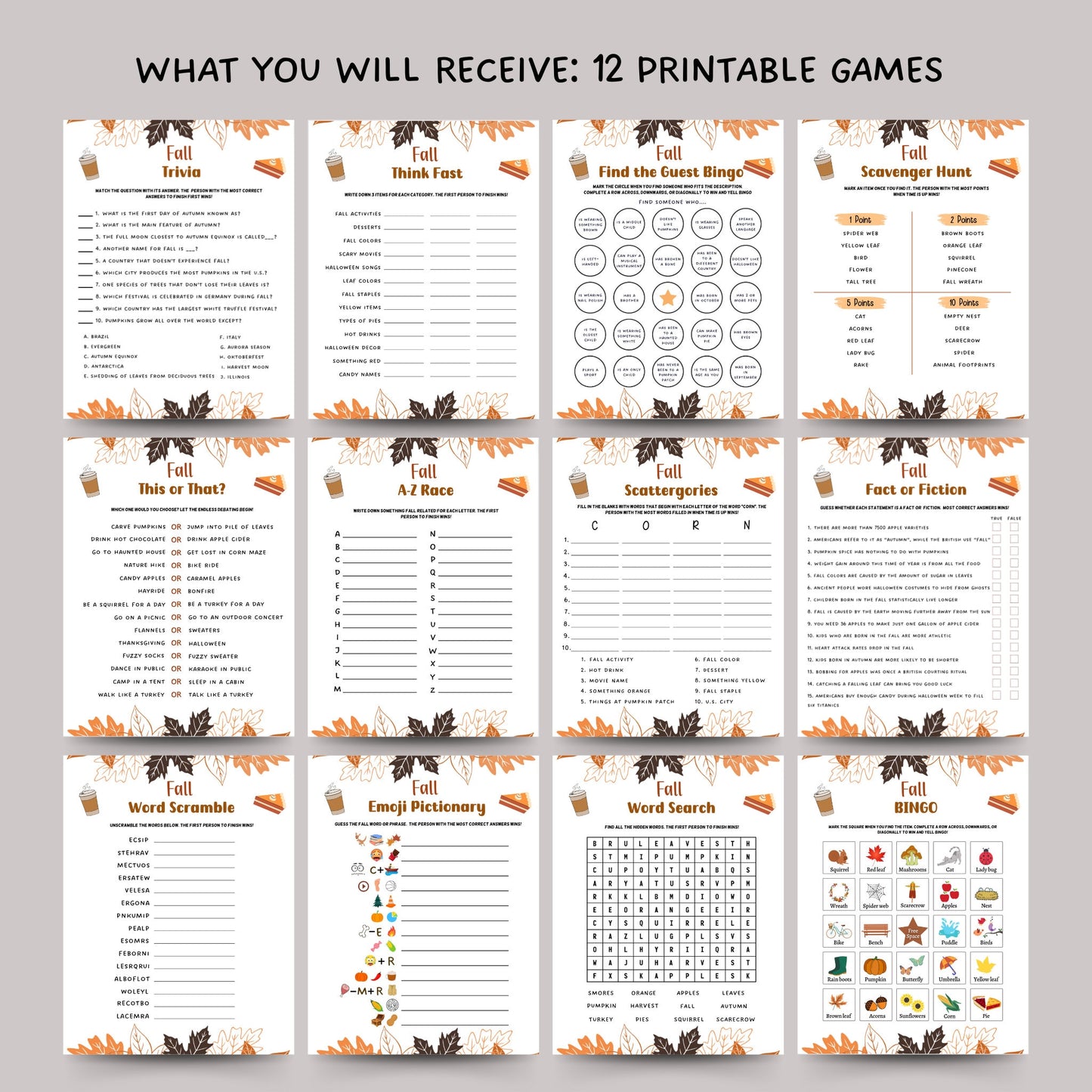 Fall Games Bundle Printable, Fun Autumn Games, Fall Activity Adults & Kids, Thanksgiving Halloween Printables, Fall Time Family Activities