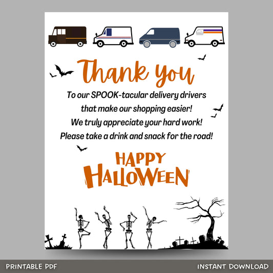 Halloween Delivery Driver Appreciation Sign, Thank You Sign, Snack & Drink Sign, Mail Carrier Treat Basket Printable Sign Halloween Delivery