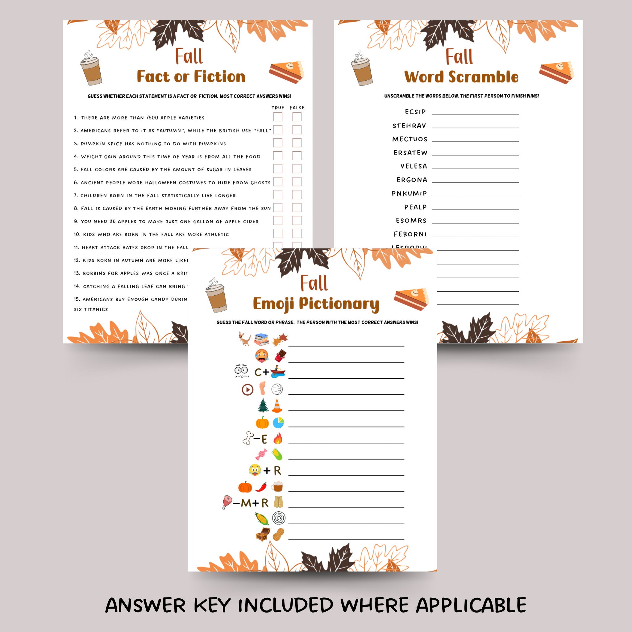 6 Fall Games Printable, Fall Time Family Activity, Autumn Games Adults ...