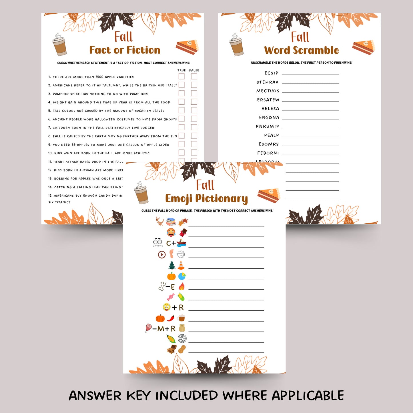 Fall Games Bundle Printable, Fall Time Family Activities, Fall Activity Adults & Kids, Fun Autumn Games, Thanksgiving Halloween Printables