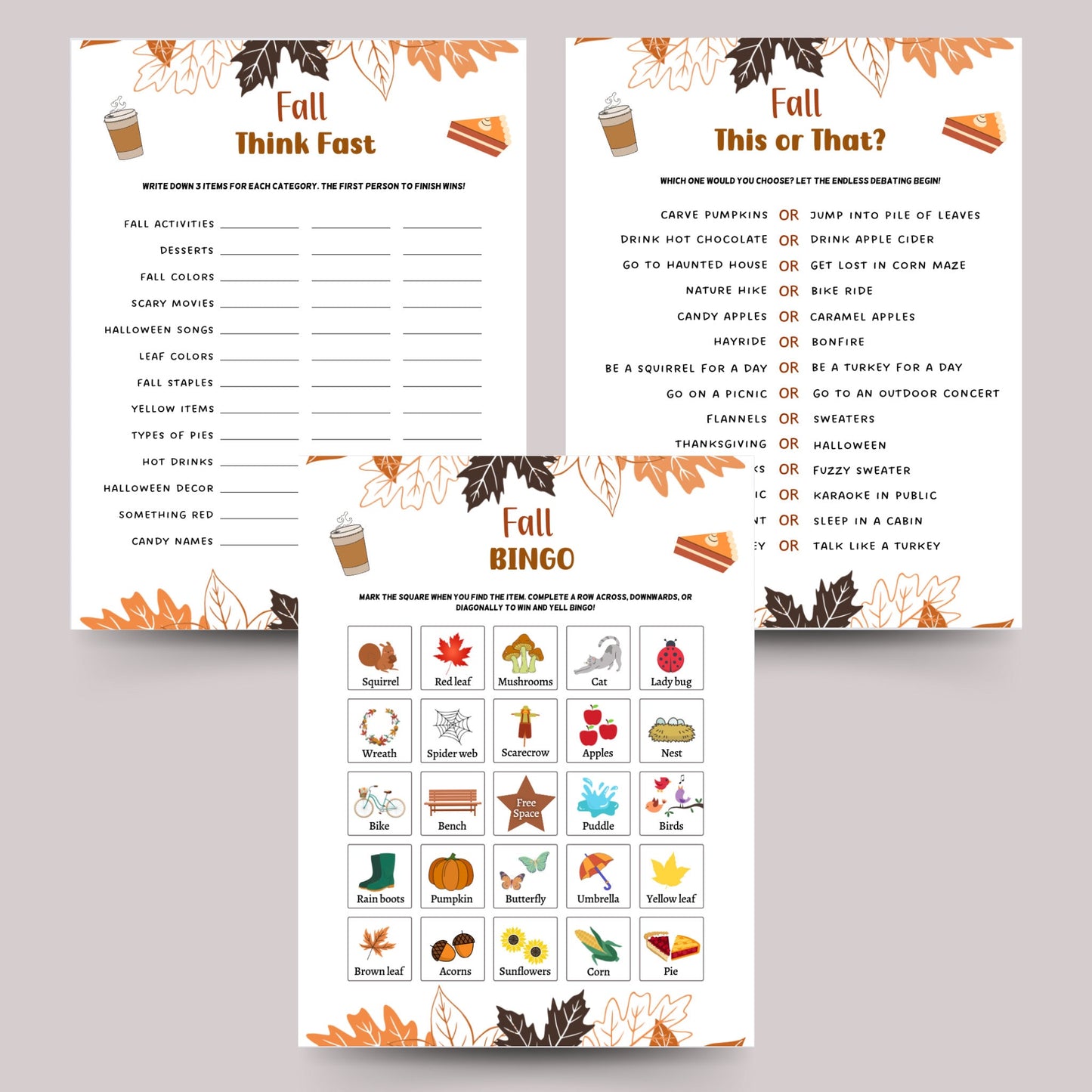 Fall Games Bundle Printable, Fall Time Family Activities, Fall Activity Adults & Kids, Fun Autumn Games, Thanksgiving Halloween Printables