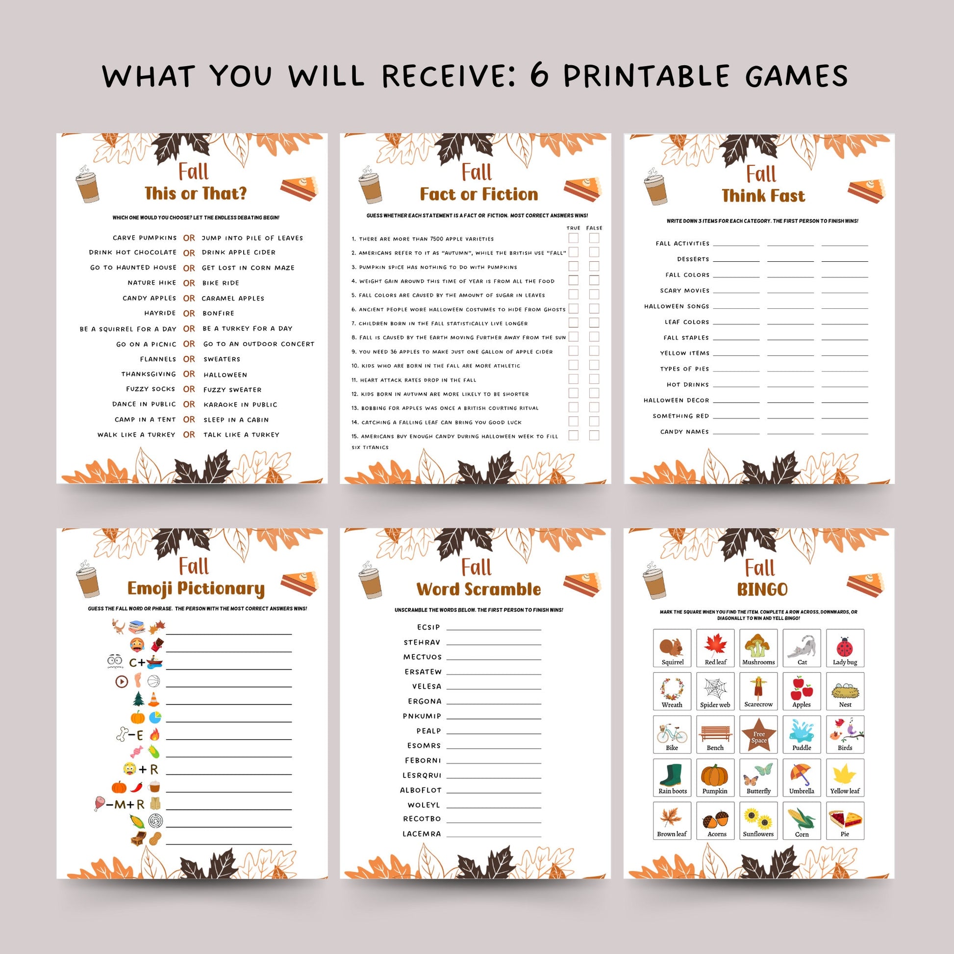 Fall Games Bundle Printable, Fall Time Family Activities, Fall Activity Adults & Kids, Fun Autumn Games, Thanksgiving Halloween Printables