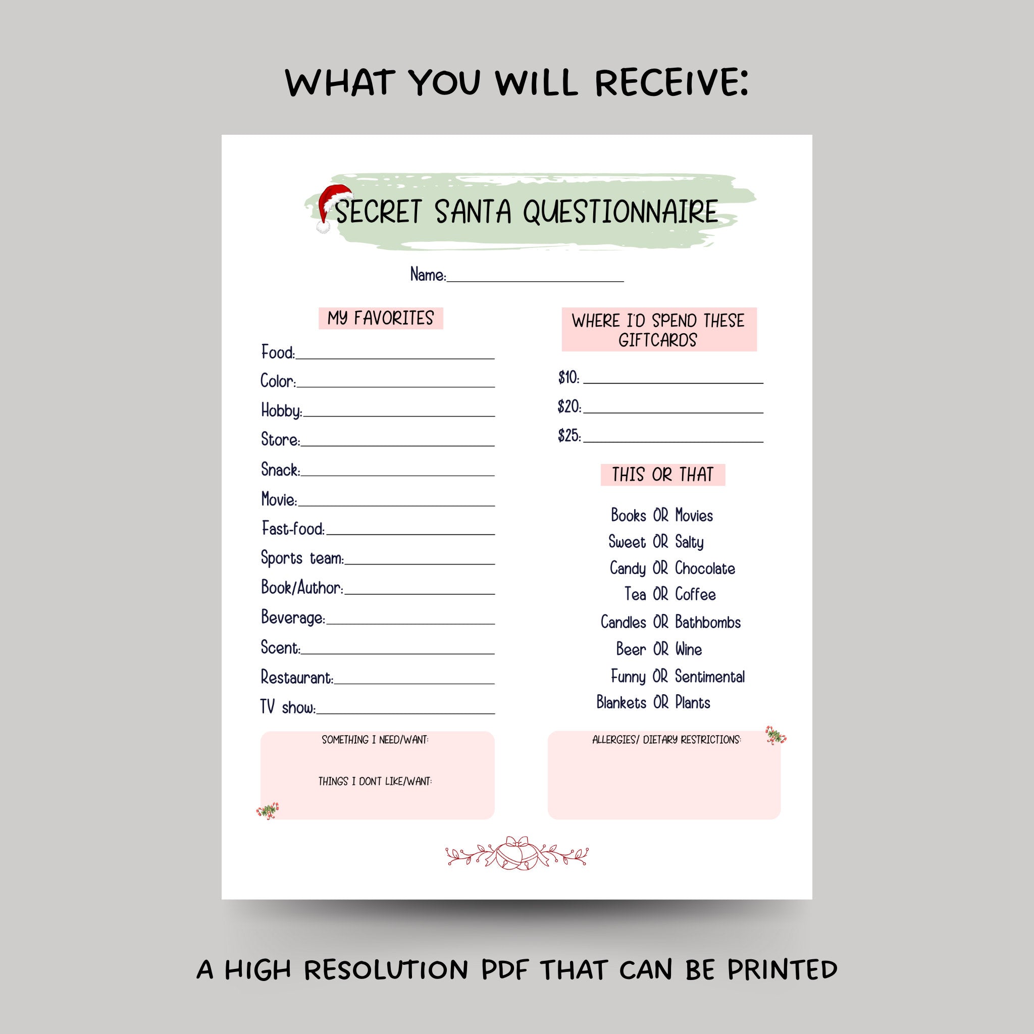 secret santa questionnaire printable, gift exchange form