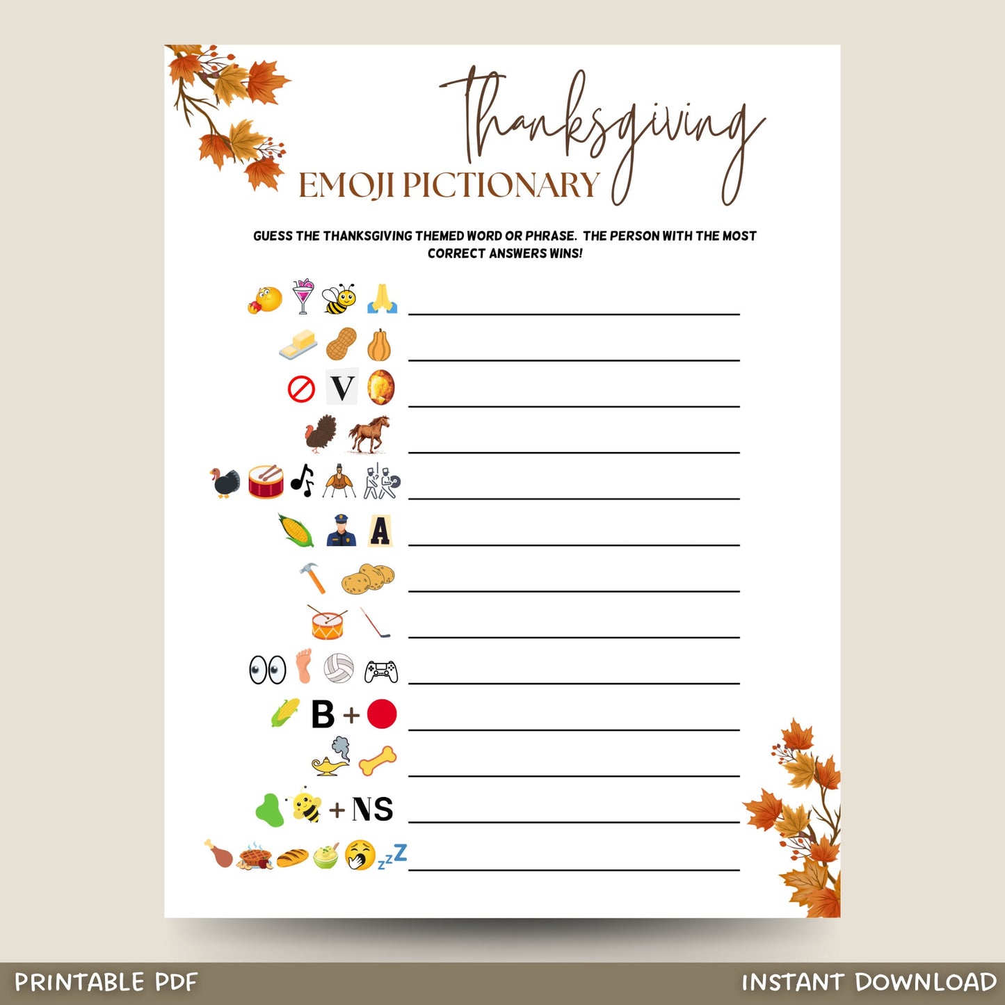 Thanksgiving Emoji Pictionary Game Printable, Friendsgiving Party Game, Fun Thanksgiving Trivia Game, Dinner Game, Family Fall Holiday Games