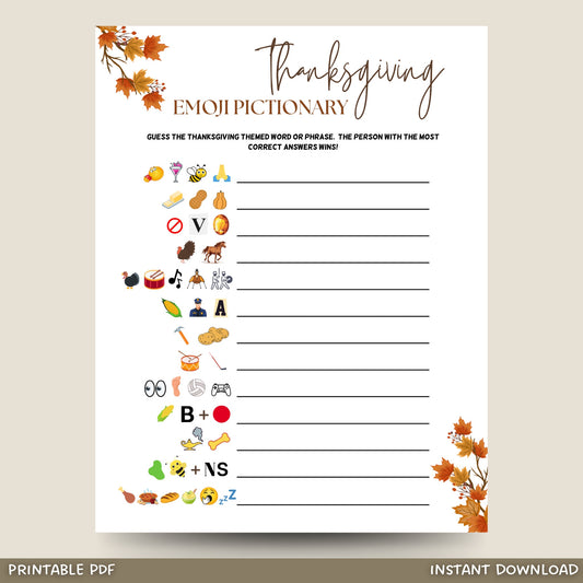 Thanksgiving Emoji Pictionary Game Printable, Friendsgiving Party Game, Fun Thanksgiving Trivia Game, Dinner Game, Family Fall Holiday Games