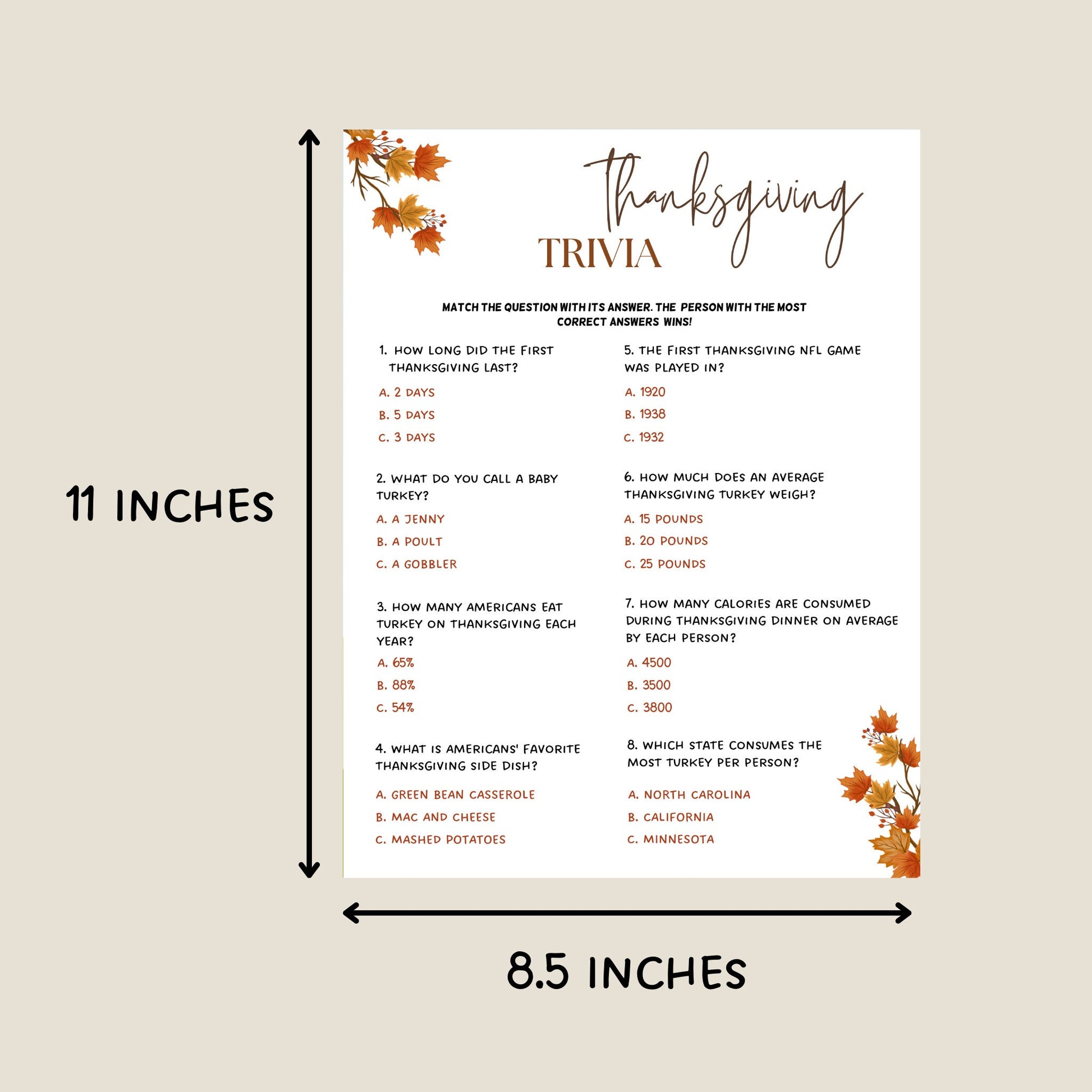 Thanksgiving Trivia Game Printable, Fun Friendsgiving Game, Turkey Day, Fall Holiday Family Activity, Office Work Party Game, Classroom Game