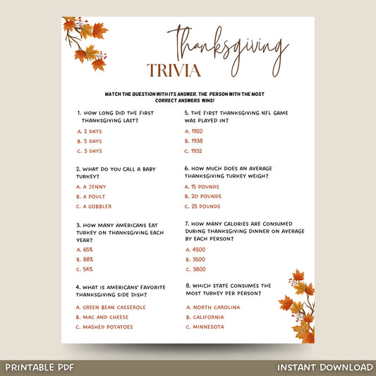 Thanksgiving Trivia Game Printable, Fun Friendsgiving Game, Turkey Day, Fall Holiday Family Activity, Office Work Party Game, Classroom Game