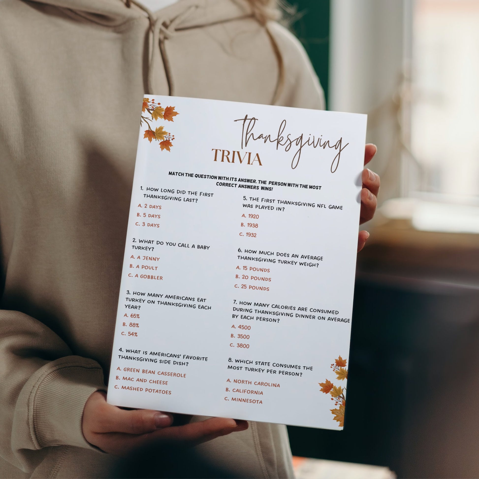 Thanksgiving Trivia Game Printable, Fun Friendsgiving Game, Turkey Day, Fall Holiday Family Activity, Office Work Party Game, Classroom Game