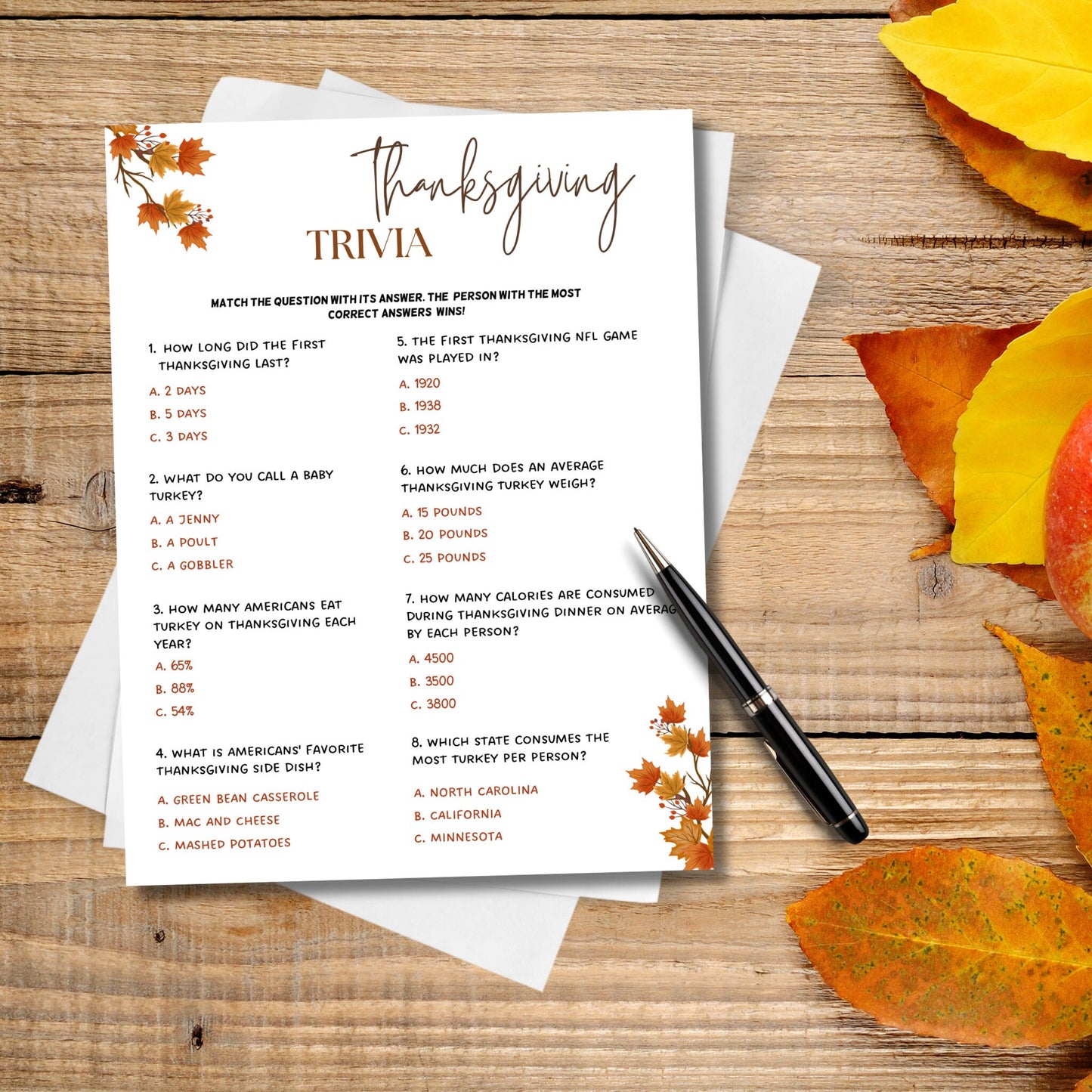 Thanksgiving Trivia Game Printable, Fun Friendsgiving Game, Turkey Day, Fall Holiday Family Activity, Office Work Party Game, Classroom Game