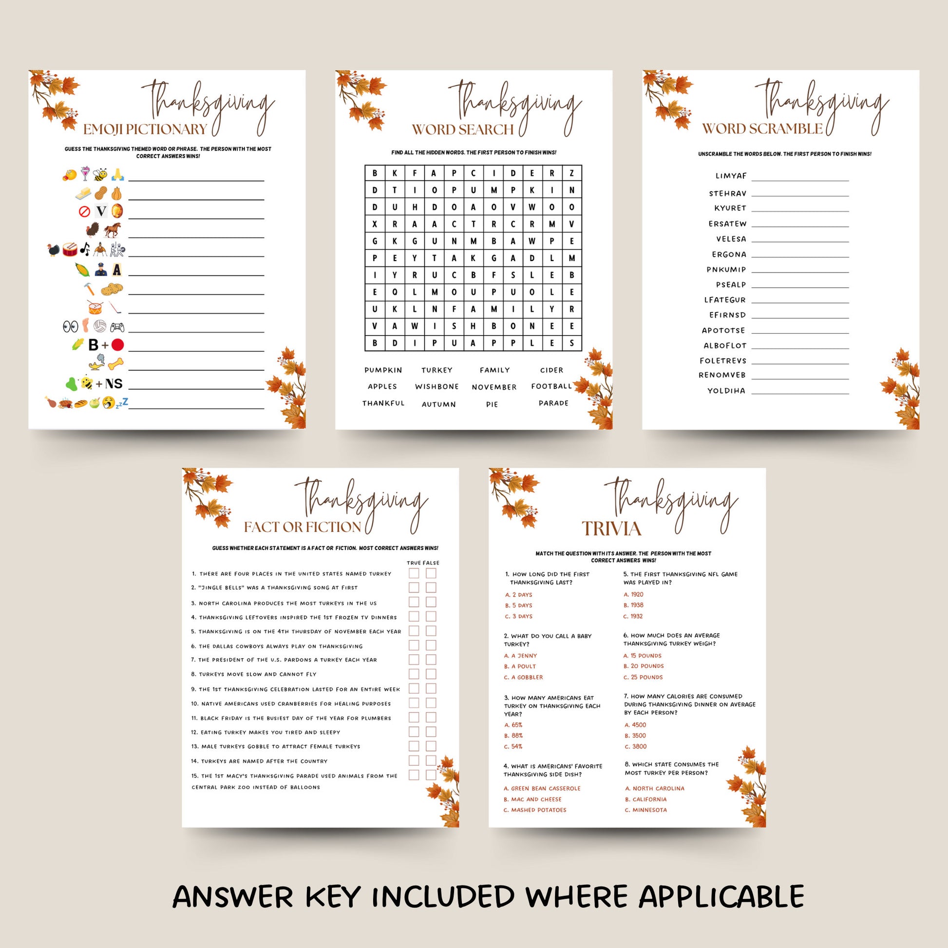 Thanksgiving Games Bundle Printable, Fall Holiday Games Bundle, Fun Friendsgiving Games, Turkey Day Games Kids & Adults, Family Activities