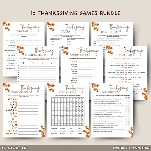 Thanksgiving Games Bundle Printable, Fall Holiday Games Bundle, Fun Friendsgiving Games, Turkey Day Games Kids & Adults, Family Activities