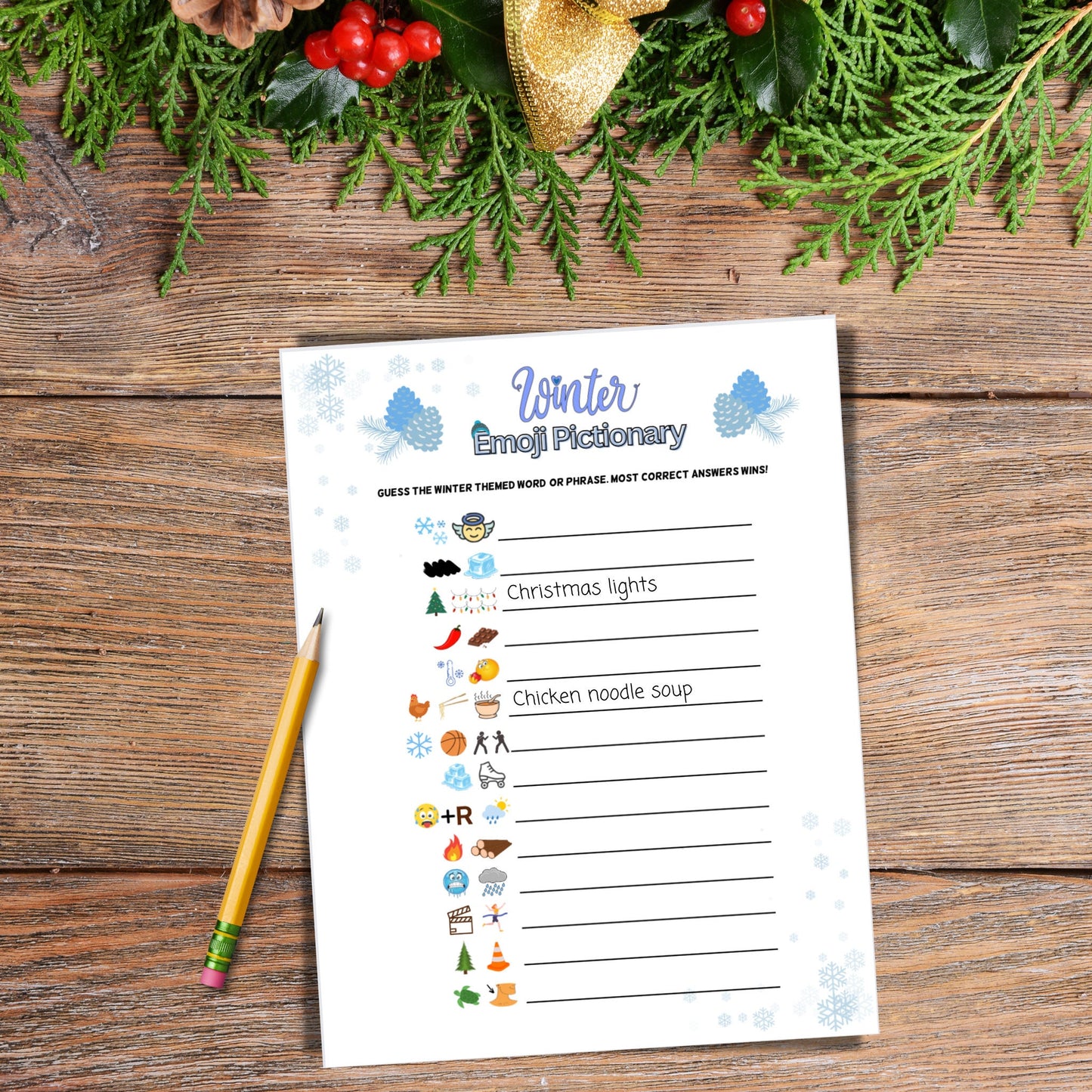 Winter Emoji Pictionary Game Printable, Family Holiday Activity