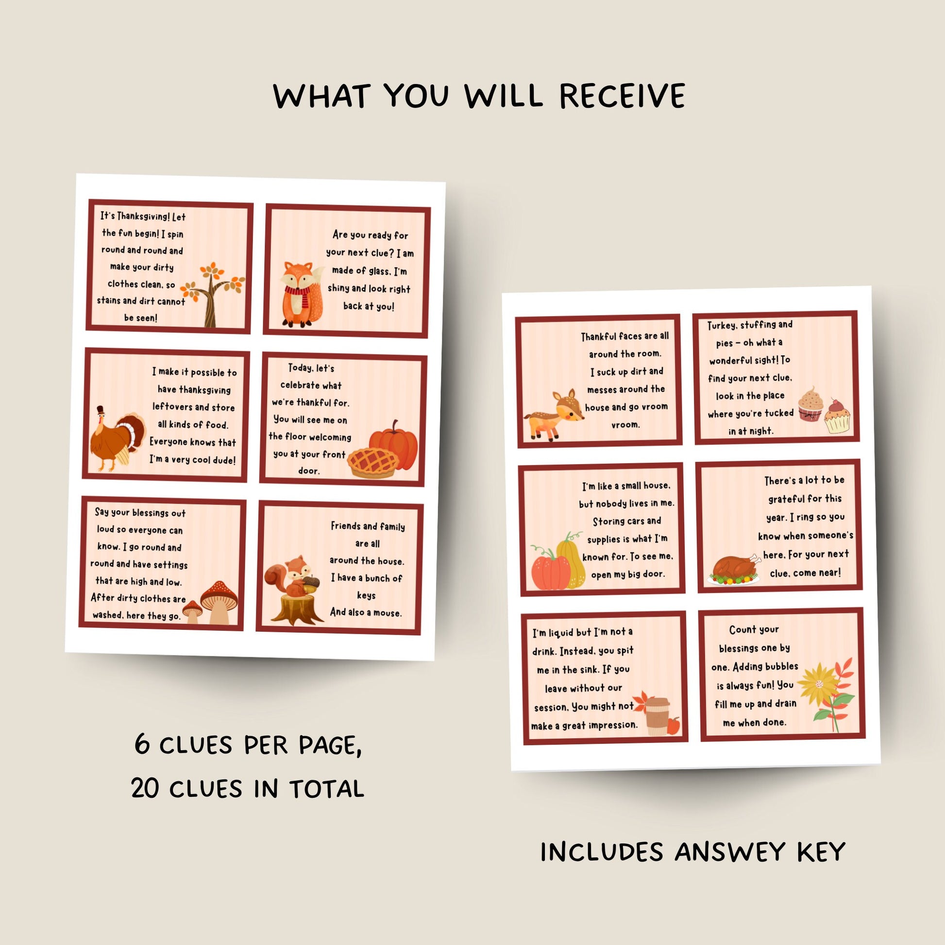 Thanksgiving Scavenger Hunt For Kids, Thanksgiving Treasure Hunt Clues Printable, Thanksgiving Party Game, Kids Fun Turkey Family Activity