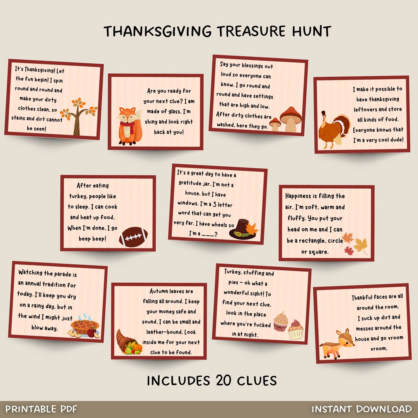 Thanksgiving Scavenger Hunt For Kids, Thanksgiving Treasure Hunt Clues Printable, Thanksgiving Party Game, Kids Fun Turkey Family Activity