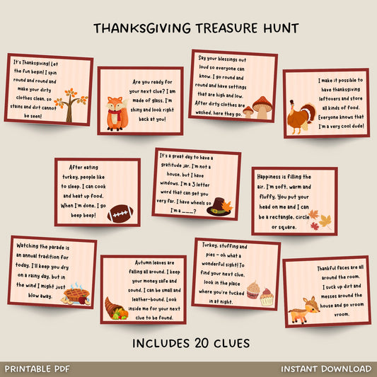 Thanksgiving Scavenger Hunt For Kids, Thanksgiving Treasure Hunt Clues Printable, Thanksgiving Party Game, Kids Fun Turkey Family Activity