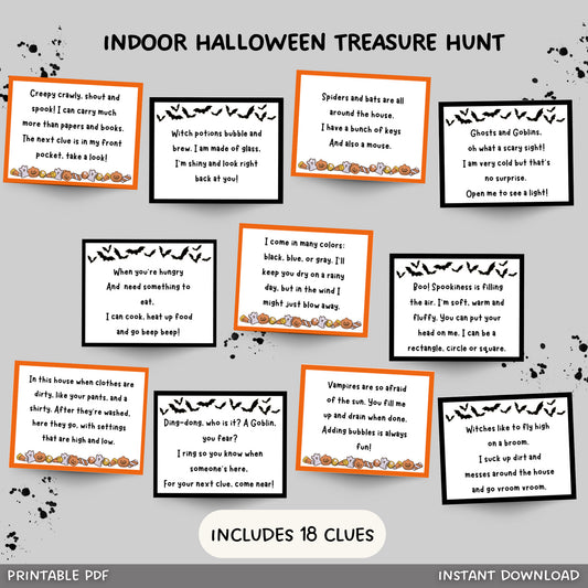 Indoor Halloween Treasure Hunt For Kids, Halloween Scavenger Hunt Clues Printable, Halloween Party Games, Kids Halloween Activity Games