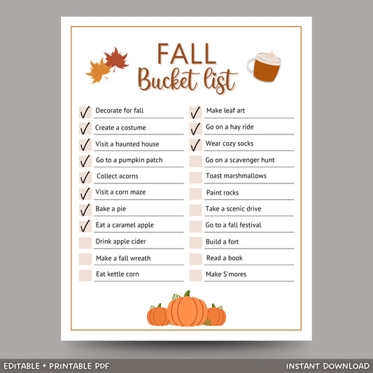 Fall Bucket List Printable, Editable Autumn Bucket List, Fun Autumn Activities Checklist, Fall To Do List, Family Fall Bucket List PDF