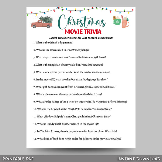 Christmas Movie Trivia Game Printable, Fun Holiday Party Game, Movie Quiz, Office Party Game, Xmas Family Activity, Christmas Party Game