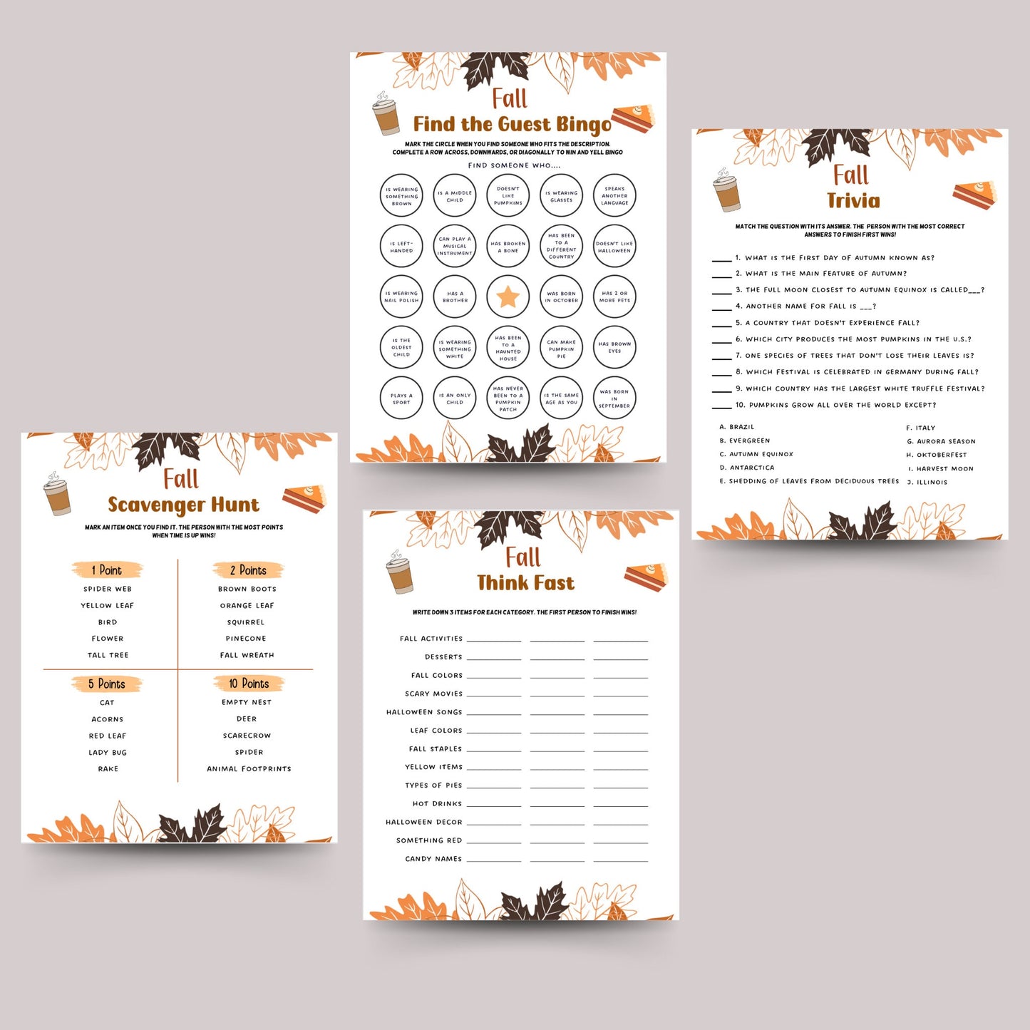 Fall Games Bundle Printable, Fun Autumn Games, Fall Time Family Activities, Fall Activity Adults & Kids, Thanksgiving Halloween Printables