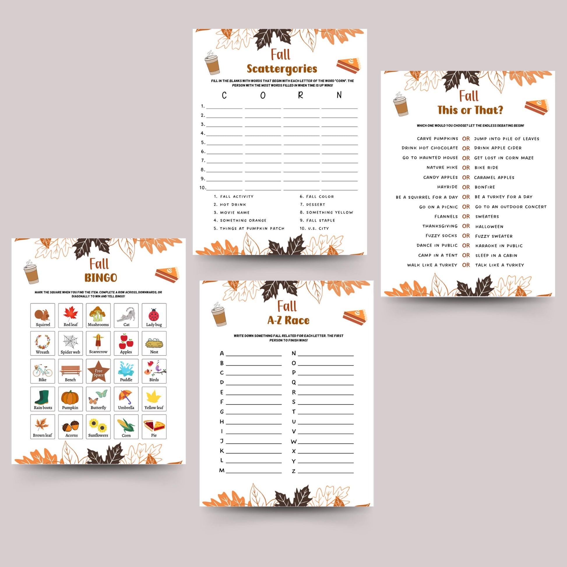 Fall Games Bundle Printable, Fun Autumn Games, Fall Time Family Activities, Fall Activity Adults & Kids, Thanksgiving Halloween Printables