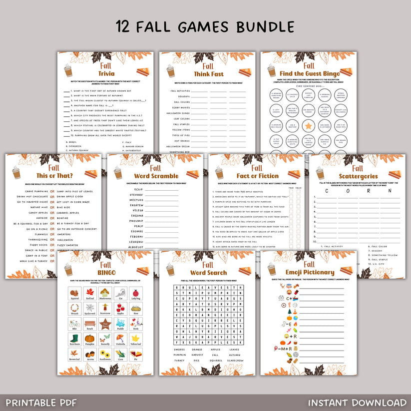 12 Fall Games Bundle Printable, Autumn Family Activity For Adults & Ki ...