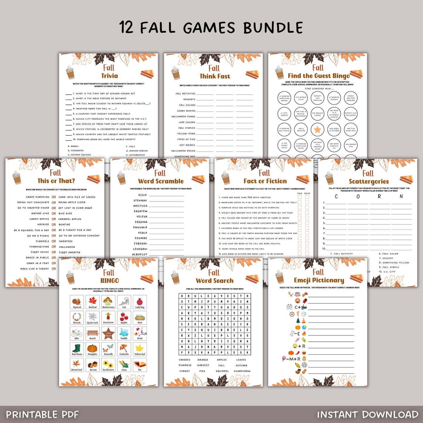 Fall Games Bundle Printable, Fun Autumn Games, Fall Activity Adults & Kids, Thanksgiving Halloween Printables, Fall Time Family Activities